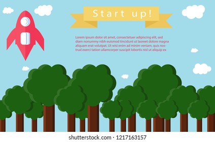 Startup business concept: There are rocket launch on the light blue sky with many white cloudy and there are many green trees.