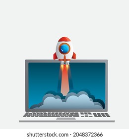  startup business concept. Vector illustration with rocket launch and laptop eps10