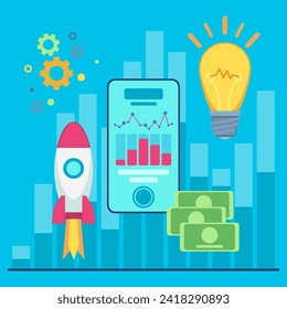 Concepto de negocio de inicio. Ilustración vectorial del smartphone con diagramas. Cohetes, bombillas, engranajes y dinero.