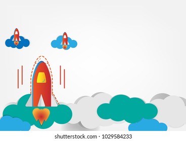 Startup business concept vector illustrations. white gray day sky background with copy space rocket and clouds. fast plan to success