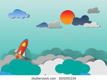 Startup business concept vector illustrations. red rocket blue sky sunshine and clouds background with copy space . fast plan to success