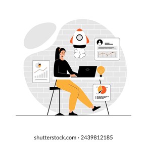 Startup business concept. Woman brainstorming, makes business plan, investing in new project. Illustration with people scene in flat design for website and mobile development.	
