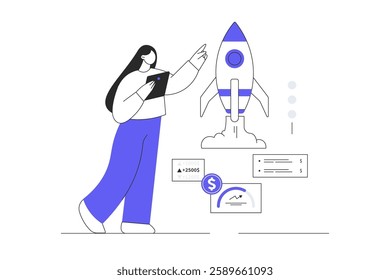 Startup business concept. Woman Character launching rocket, investing in new company, career beginning. Flat Cartoon Vector Illustration, icon. Stylish abstract Flat design for website