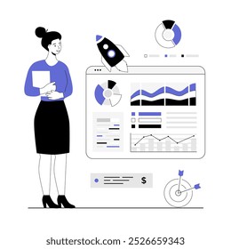 Startup business concept. Woman launches new project, analyzes data, success strategy. Vector illustration with line people for web design.	
