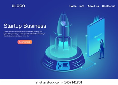 Startup business consulting strategy and financial or fin-tech business. Isometric human and rocket take off can be use the landing page background. 