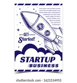 Startup Business Cosmic Advertising Banner Vector. Flying Astronautic Transport Rocket For Explore Cosmos On Creative Advertise Poster. Spaceship Galaxy Technology Monochrome Illustration