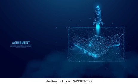 startup business deal concept. illustration of rocket launch and digital handshake, online deal. blue low poly style futuristic background.