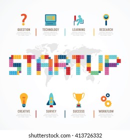 Startup Business design concept block alphabet idea. with flat icons. vector illustration