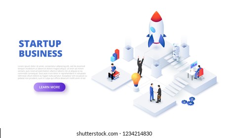 Startup business design concept with people, rocket and astronaut. Isometric vector illustration. Landing page template for web.