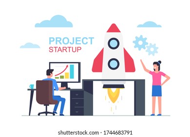 Startup business design concept with rocket. Business People launching rocket. Startup Business Concept. Successful launch of startup
