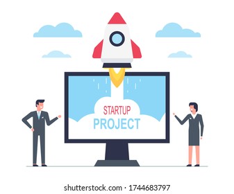 Design-Konzept für das Startup-Business mit Rakete. Geschäftsleute starten Rakete. Konzept des Startup-Business Erfolgreicher Start
