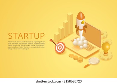 Startup Business developing, space rocket soaring from laptop, elements infographics dartboard graph light bulb on yellow background. 3D isometric vector illustration.