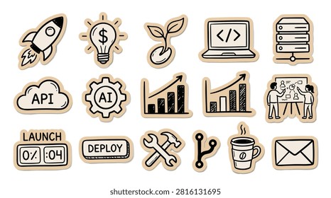 Startup business and development doodle sticker set featuring technology icons like rocket laptop server ai gear bar charts and planning tools perfect for coding documentation software projects and creative startup presentations hand drawn black outline illustration.