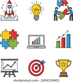 Startup and business development icons isolated on white background