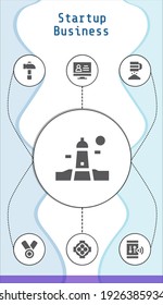 startup business editable infographic template with icons of Hammer, Monitor, Lighthouse, Hug, Medal, Sieve, Smartphone