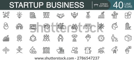 Startup business editable stroke line vector icon set featuring corporate launching, financial funding, and entrepreneur development concepts.