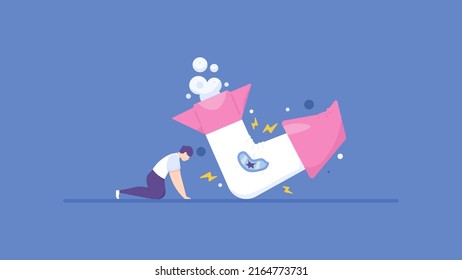 startup business failure. a businessman is depressed because his rocket fell to the ground and was damaged. metaphor of a company experiencing bankruptcy and collapse. business problems and risks