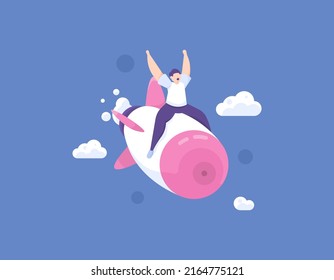startup business failure. a businessman panicked because his rocket was hurtling down. metaphor of a company headed for bankruptcy. decrease in profits. business problems and risks. cartoon concept