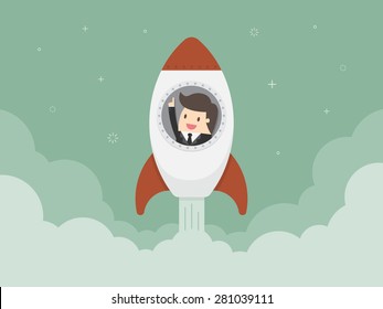 Startup Business. Flat design illustration. Businessman on a rocket