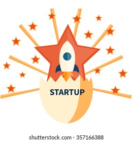 Startup Business. Flat design illustration: Rocket, egg, stars