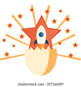 Startup Business. Flat design illustration: Rocket, egg, stars