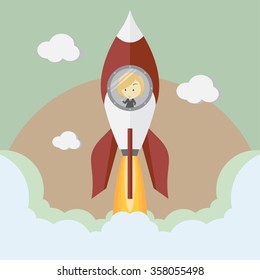 Startup Business. Flat design illustration. Businesswoman on a rocket