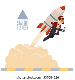 startup business, flat design illustration, businessman on a rocket, flat style, vector illustration with flying rocket, space travel to the moon, project start up and development process