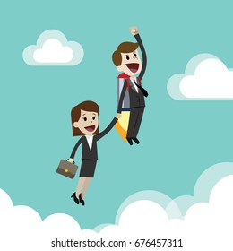 Startup business, flat design illustration. Businessman and businesswoman on a rocket. Team work