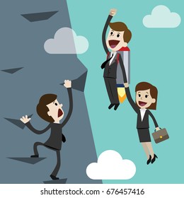 Startup business, flat design illustration. Businessman and businesswoman on a rocket. Team work