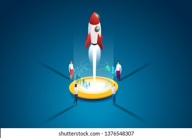 Startup business group people launching a rocket and idea through planning and strategy. Flat 3d isometric concept. illustration Vector