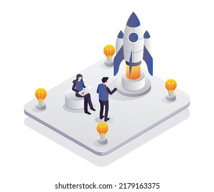 Startup business group people launching a rocket. Isometric design concept startup business group people launching a rocket