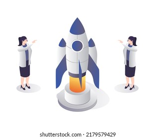 Startup business group people launching a rocket. Isometric design concept startup business group people launching a rocket