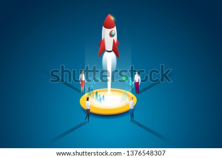 Startup business group people launching a rocket and idea through planning and strategy. Flat 3d isometric concept. illustration Vector