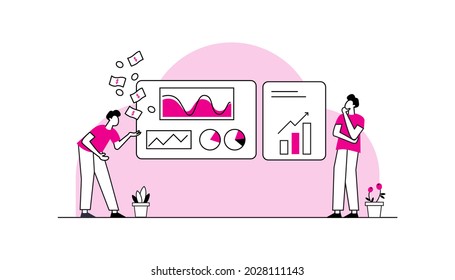 Startup business growth or success, cartoon team people working for their start up project planning and management, SEO strategy, launching rocket from tablet. Flat vector illustration