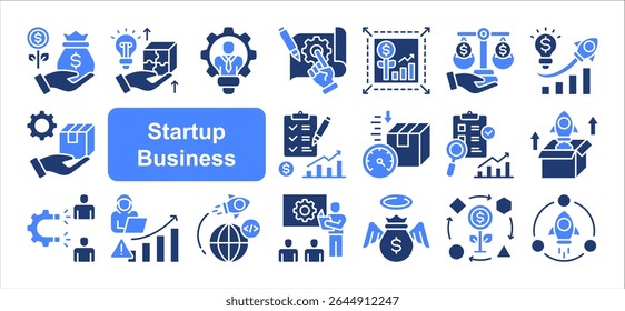 Conjunto de coleção de ícones de negócios de start-up, com ajuste de mercado de produtos, MVP, capital de risco, investidor Angel, Hacking de crescimento, Aquisição de clientes, Modelo de negócios.	