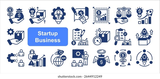 Conjunto de coleção de ícones de negócios de start-up, com ajuste de mercado de produtos, MVP, capital de risco, investidor Angel, Hacking de crescimento, Aquisição de clientes, Modelo de negócios.	