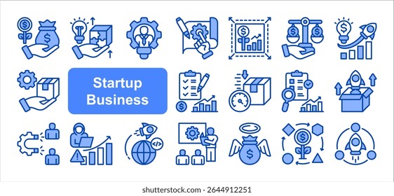 Conjunto de coleção de ícones de negócios de start-up, com ajuste de mercado de produtos, MVP, capital de risco, investidor Angel, Hacking de crescimento, Aquisição de clientes, Modelo de negócios.	