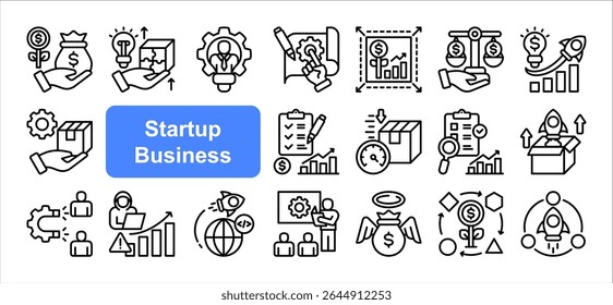 Conjunto de coleção de ícones de negócios de start-up, com ajuste de mercado de produtos, MVP, capital de risco, investidor Angel, Hacking de crescimento, Aquisição de clientes, Modelo de negócios.	