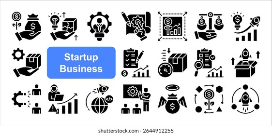 Conjunto de coleção de ícones de negócios de start-up, com ajuste de mercado de produtos, MVP, capital de risco, investidor Angel, Hacking de crescimento, Aquisição de clientes, Modelo de negócios.	