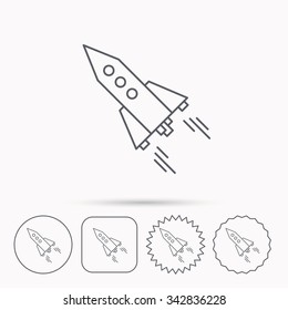 Startup business icon. Rocket sign. Spaceship shuttle symbol. Linear circle, square and star buttons with icons.