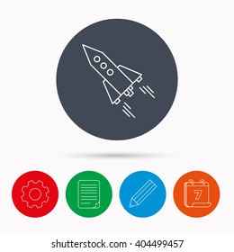 Startup business icon. Rocket sign. Spaceship shuttle symbol. Calendar, cogwheel, document file and pencil icons.