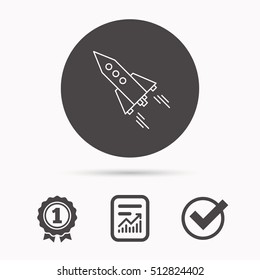 Startup business icon. Rocket sign. Spaceship shuttle symbol. Report document, winner award and tick. Round circle button with icon. Vector