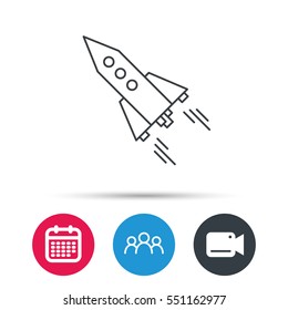 Startup business icon. Rocket sign. Spaceship shuttle symbol. Group of people, video cam and calendar icons. Vector