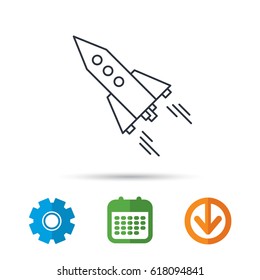 Startup business icon. Rocket sign. Spaceship shuttle symbol. Calendar, cogwheel and download arrow signs. Colored flat web icons. Vector
