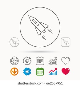 Startup business icon. Rocket sign. Spaceship shuttle symbol. Calendar, Graph chart and Cogwheel signs. Download and Heart love linear web icons. Vector