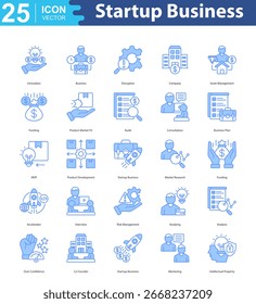 Startup Business Icon Set Collection Concept With Icon Of innovation, business, disruption, company, asset management, funding, product market fit, audit, consultation, business plan, Inicialização de negócios, conceito de coleção de conjunto de ícones de negócios com ícone de inovação, negócios, interrupção, empresa, gerenciamento de ativos, financiamento, adequação ao mercado de produtos, auditoria, consultoria, plano de negócios