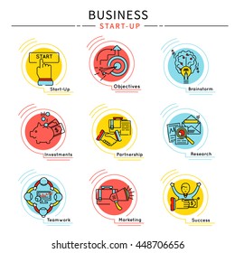 Startup business icon set with descriptions of objectives brainstorm investment partnership research vector illustration