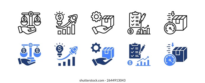 Conjunto de ícones de Negócios de Inicialização, com Patrimônio Líquido, Negócios de Inicialização, Desenvolvimento de produtos, Plano de negócios, MVP.