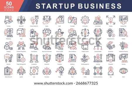 Startup Business icon set focused on innovation, funding, product launch, and growth. Ideal for pitch decks, business plans, incubators, accelerators, and startup ecosystem platforms.