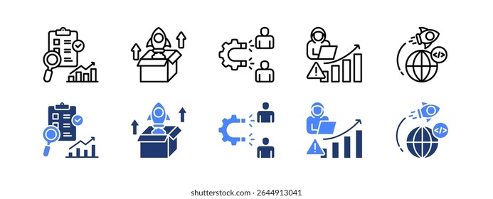 Startup Conjunto de ícones de negócios, com pesquisa de mercado, lançamento de produtos, aquisição de clientes, Growth hacking, Acelerador.